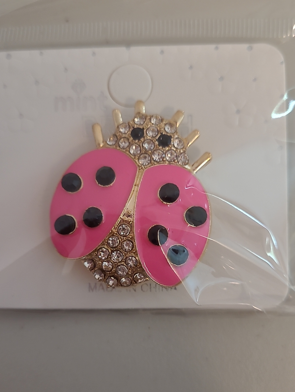 Pink Ladybug Brooch Pin with Rhinestone Accents